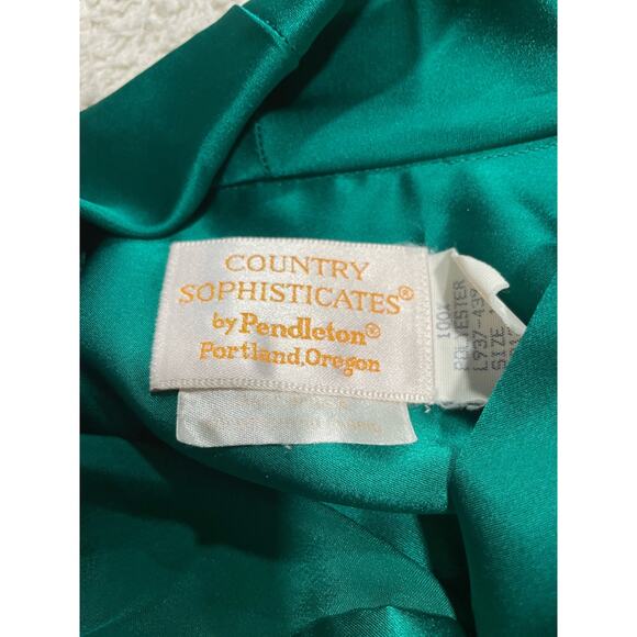 VTG Pendleton Women's Medium 14 Silky Neck Tie Bow Long Puff Sleeve Top Green - Picture 9 of 12